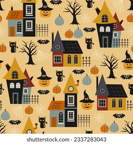 Halloween seamless pattern. Vector illustration of Halloween party. Pumpkins, houses, black cat, bat, gloomy trees and spider web on a yellow background. Vector cartoon seamless pattern.