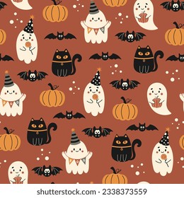 Halloween seamless pattern. Vector illustration of Halloween party. Black cat, bat, ghosts and pumpkins on a brown background. Vector cartoon seamless pattern.