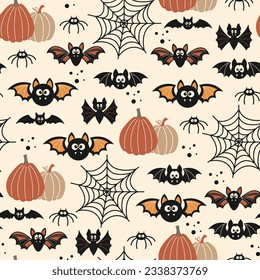 Halloween seamless pattern. Vector illustration of Halloween party. Bats, spider web and pumpkins on a light background. Vector cartoon seamless pattern.