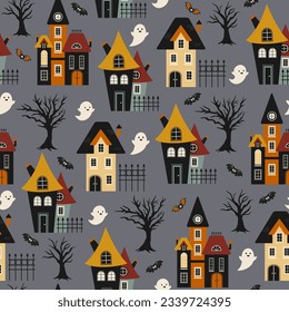 Halloween seamless pattern. Vector illustration of Halloween party. Ghosts, trees, bat and houses on a dark background. Vector cartoon seamless pattern.