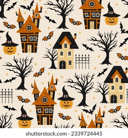 Halloween seamless pattern. Vector illustration of Halloween party. Houses, bat, trees and pumpkins on a light background. Vector cartoon seamless pattern.