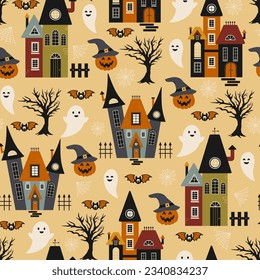 Halloween seamless pattern. Vector illustration of Halloween party. Pumpkins, houses, ghosts, bat and gloomy trees on a yellow background. Vector cartoon seamless pattern.