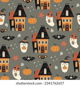 Halloween seamless pattern. Vector illustration of Halloween party. Bat, ghosts, houses and pumpkins on a gray background. Vector cartoon seamless pattern.