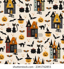 Halloween seamless pattern. Vector illustration of Halloween party. Pumpkins, houses, bat, potion cauldron and black cat on a light background. Vector cartoon seamless pattern.