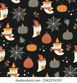 Halloween seamless pattern. Vector illustration of Halloween party. Ghosts, spider web and pumpkins on a dark background. Vector cartoon seamless pattern.