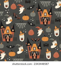 Halloween seamless pattern. Vector illustration of Halloween party. Bat, ghosts, houses and pumpkins on a dark background. Vector cartoon seamless pattern.