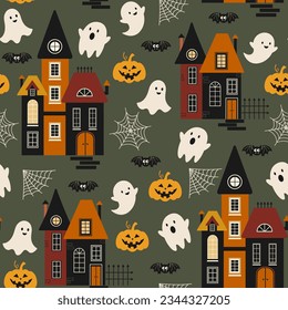 Halloween seamless pattern. Vector illustration of Halloween party. Pumpkins, houses, bat, ghosts and spider web on a dark green background. Vector cartoon seamless pattern.