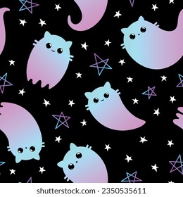 Halloween seamless pattern. Vector illustration of cute ghost cats on a black background. Vector cartoon seamless pattern.