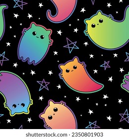 Halloween seamless pattern. Vector illustration of cute ghost cats on a black background. Vector cartoon seamless pattern.
