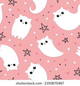 Halloween seamless pattern. Vector illustration of cute ghost cats on a pink background. Vector cartoon seamless pattern.