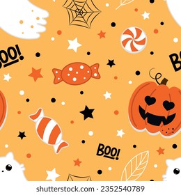 Halloween seamless pattern. Vector illustration of cute ghost cats, pumpkins and candies on an orange background. Vector cartoon seamless pattern.