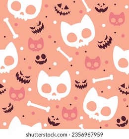 Halloween seamless pattern. Vector illustration of cat skull bones on a pink background. Vector cartoon seamless pattern.