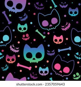 Halloween seamless pattern. Vector illustration of cat skull bones on a pink background. Vector cartoon seamless pattern.