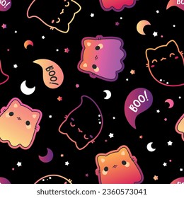 Halloween seamless pattern. Vector illustration of kawaii ghost kittens on a black background. Vector cartoon seamless pattern.