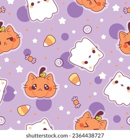 Halloween seamless pattern. Vector illustration of kawaii ghost kittens and pumpkins. Vector cartoon seamless pattern.