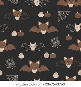 Halloween seamless pattern. Vector illustration of Halloween party. Pumpkins, bats and cobwebs on a black background. Vector cartoon seamless pattern.