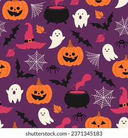 Halloween seamless pattern. Vector illustration of Halloween party. Pumpkins, ghosts, bats and potion cauldron on a purple background. Vector cartoon seamless pattern.