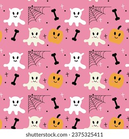 Halloween seamless pattern. Vector illustration of Halloween party. Cute ghosts, spider webs, and pumpkins on a pink background. 