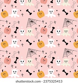 Halloween seamless pattern. Vector illustration of Halloween party. Cute ghosts, spider webs, and pumpkins on a pink background. 