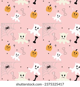 Halloween seamless pattern. Vector illustration of Halloween party. Cute ghosts, spider webs, and pumpkins on a pink background. 
