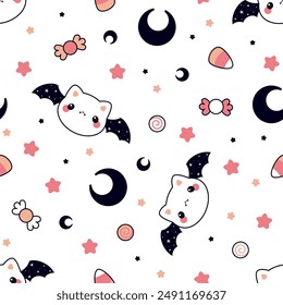 Halloween seamless pattern. Vector illustration of cute bats and candies on a white background. Vector cartoon seamless pattern.