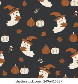 Halloween seamless pattern. Vector illustration of Halloween party. Pumpkins and cute ghost on a dark background. Holiday cartoon seamless pattern.