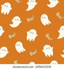 Halloween seamless pattern. Vector illustration of Halloween party. Cute ghost and the inscription Boo on a orange background. Holiday cartoon seamless pattern.