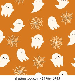 Halloween seamless pattern. Vector illustration of Halloween party. Spider web and cute ghost on a orange background. Holiday cartoon seamless pattern.