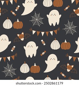 
Halloween seamless pattern. Vector illustration of Halloween party. Cute ghosts, bats, candies and pumpkins on a dark background. Holiday cartoon seamless pattern.