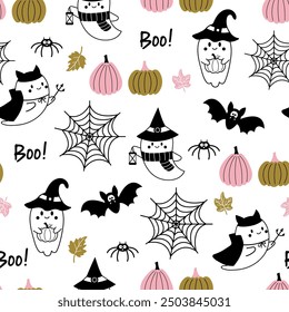 Halloween seamless pattern. Vector illustration of Halloween party. Cute ghost, bat, spider web, inscription Boo and pumpkins on a white background. Holiday cartoon seamless pattern.