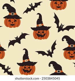 Halloween seamless pattern. Vector illustration of Halloween party. Bats and pumpkin in a witch hat on a light background. Holiday cartoon seamless pattern.