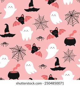 Patrón sin fisuras de Halloween. Ilustración vectorial de la fiesta de Halloween. Lindo fantasma, murciélago, Web de araña, brebaje de bruja y sombrero de bruja sobre un fondo rosa. Patrón transparente de dibujos animados de Festiva.