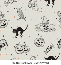 Halloween Seamless Pattern, Vector illustration of Halloween party. pumpkin, black cat, owl, candy, spider, ghost.