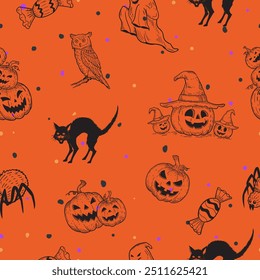 Padrão sem emenda de Halloween, ilustração vetor de festa de Halloween. abóbora, gato preto, coruja, doce, aranha, fantasma.