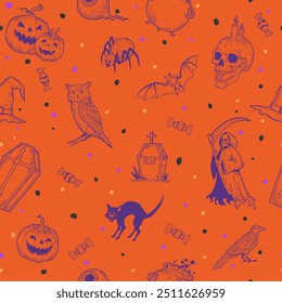 Halloween Seamless Pattern, Vector illustration of Halloween party, pumpkin, black cat, owl, candy, spider, ghost, gravestone, coffin, grim reaper, hat, skull, eyeball, witch's cauldron.