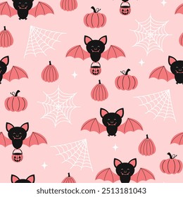 Halloween seamless pattern. Vector illustration of Halloween party. Cute bat, spider web and pumpkins on a pink background. Holiday cartoon seamless pattern.