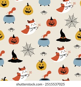 Patrón sin fisuras de Halloween. Ilustración vectorial de la fiesta de Halloween. Calabazas lindas, brebaje de bruja, fantasma, sombrero de bruja y Web de araña sobre fondo claro. Patrón transparente de dibujos animados de Festiva.