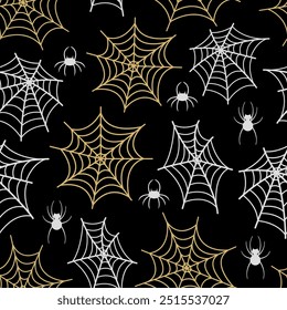 Dia das Bruxas padrão perfeito. Ilustração vetorial da festa de Halloween. Teia de aranha e aranhas no fundo preto. Férias desenhos animados sem emenda padrão.