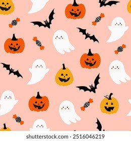 Halloween seamless pattern. Vector illustration of Halloween party. Cute ghosts, bats, candies and pumpkins on pink background. Holiday cartoon seamless pattern.