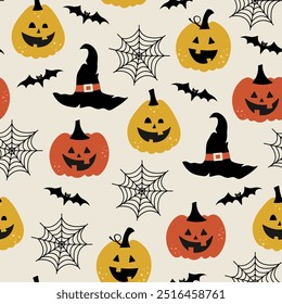 Halloween seamless pattern. Vector illustration of Halloween party. Cute pumpkins, bats, witch hat and spider web on light background. Holiday cartoon seamless pattern.