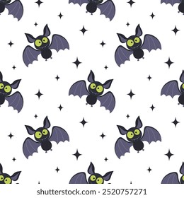 halloween seamless pattern, vector illustration of cute bats on white, holiday cartoon background