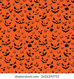 Patrón sin fisuras de Halloween. Ilustración vectorial de la fiesta de Halloween. Fantasmas, Web de araña, murciélago y calabazas sobre un fondo amarillo. Vector de dibujos animados sin patrón.