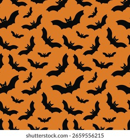 Dia das Bruxas padrão perfeito. Ilustração vetorial da festa de Halloween. Fantasmas, teia de aranha, morcego e abóboras no fundo editável. Padrão sem emenda de desenho animado de vetor.