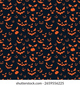 Patrón sin fisuras de Halloween. Ilustración vectorial de la fiesta de Halloween. Fantasmas, Web de araña, murciélago y calabazas sobre fondo editable. Vector de dibujos animados sin patrón.