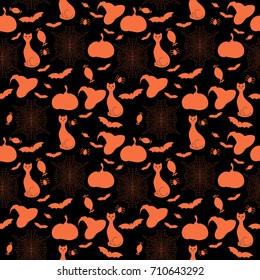 Halloween seamless pattern. Vector illustration. Pumpkin, hat, bat and spider