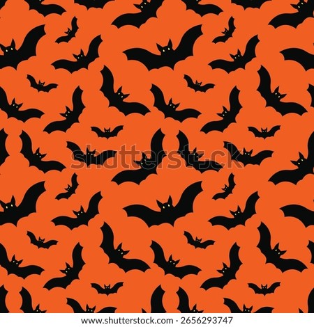 Halloween seamless pattern. Vector illustration of Halloween party. Ghosts, spider web, bat and pumpkins on a yellow background. Vector cartoon seamless pattern.
