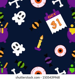 Halloween seamless pattern. Vector image of cute ghosts, calendar, sweets, eyes, candles, bones and cauldron on a blue background. Ideal for background, wallpaper, wrapping paper, textile.