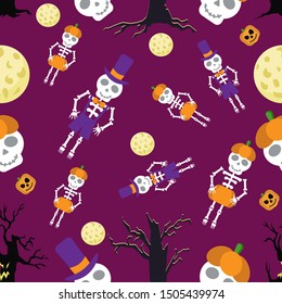 Halloween seamless pattern. Vector image of the moon, skulls, black trees, the skeleton of a girl and the skeleton of a boy on a crimson background. Ideal for wallpaper, wrapping paper, textile.