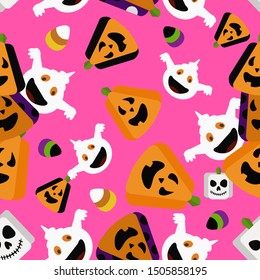 Halloween seamless pattern. Vector image of funny ghosts, jack lantern, candy corn on a pink background. Ideal for background, wallpaper, wrapping paper, textile.
