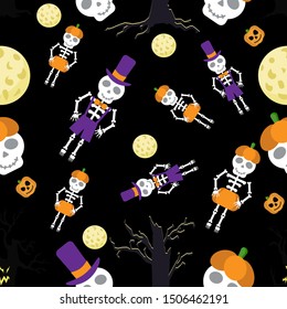 Halloween seamless pattern. Vector image of the moon, skulls, black trees, the skeleton of a girl and the skeleton of a boy on a black background. Ideal for background, wallpaper, wrapping paper.